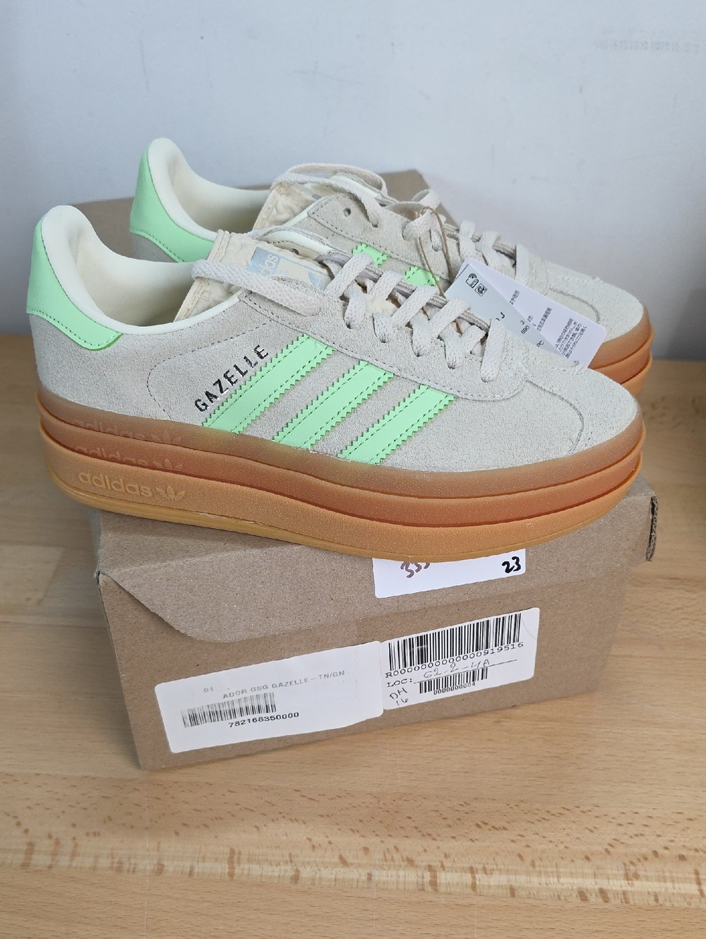 adidas Gazelle Bold J Sneakers - Beige with Green Stripe 3.5